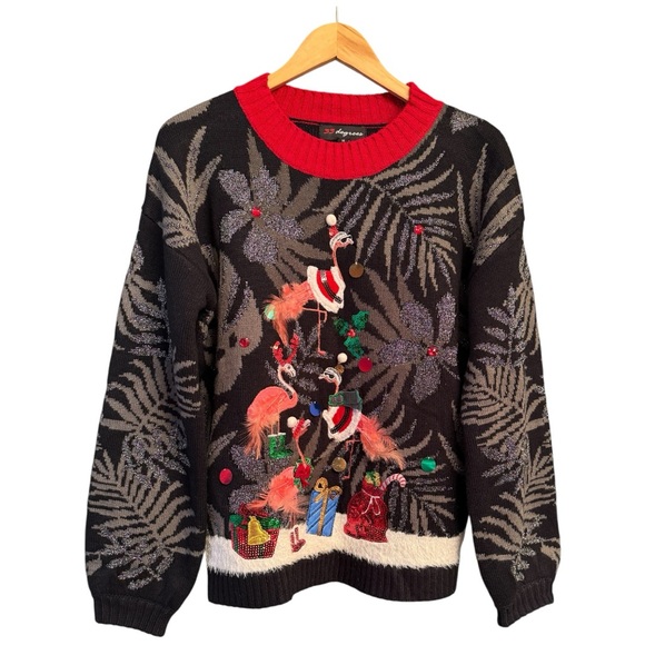 33 Degrees Ugly Christmas Flamingo Tree Pullover Sweater Size Medium Oversized - Picture 2 of 9